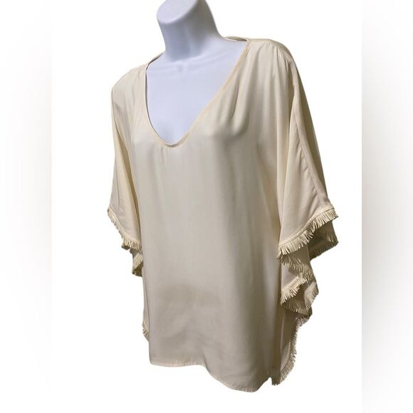 Marie Oliver Hudson Silk Champagne Fringe Poncho Top SZ Medium Western Quiet Lux - Picture 5 of 13